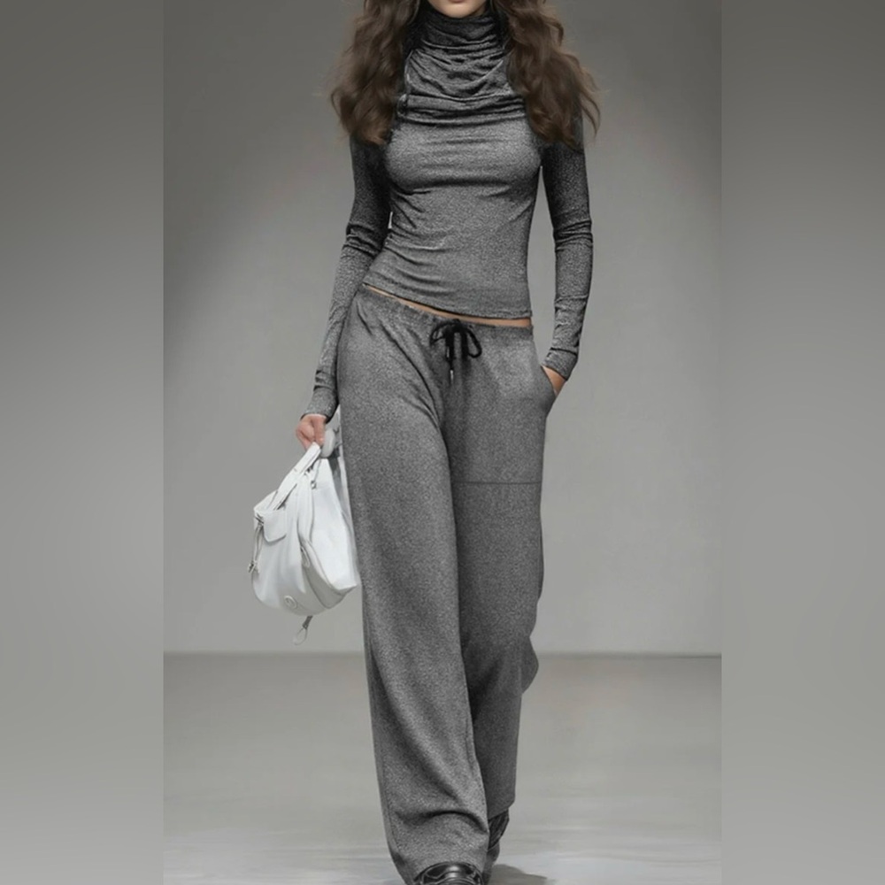 Draped Turtleneck Top & Wide-Leg Pant Set